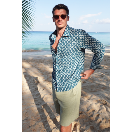 Limited Edition Men's Printed Cotton Shirt | Star Fern Teal/White Limited Stock