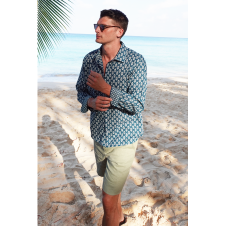 Limited Edition Men's Printed Cotton Shirt | Star Fern Teal/White Limited Stock