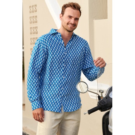 Limited Edition Men's Printed Linen Shirt | Trident Marina Blue/White On Hand Now