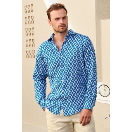 Limited Edition Men's Printed Linen Shirt | Trident Marina Blue/White On Hand Now