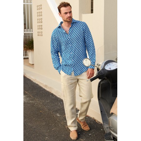 Limited Edition Men's Printed Linen Shirt | Trident Marina Blue/White On Hand Now