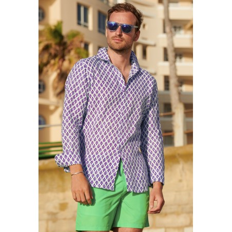 Limited Edition Men's Printed Linen Shirt | Trident White/Purple Limited Stock