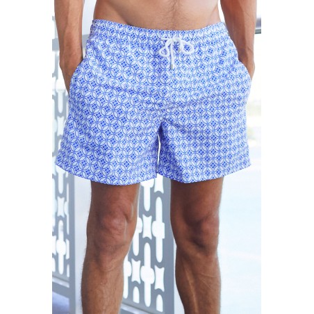 Limited Edition Men's Recycled Swim Shorts | Geo Cobalt Blue/White Available for Immediate Shipping