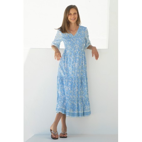 Limited Edition Alisha Block Print Dress | Tea Rose Blue Available for Immediate Shipping