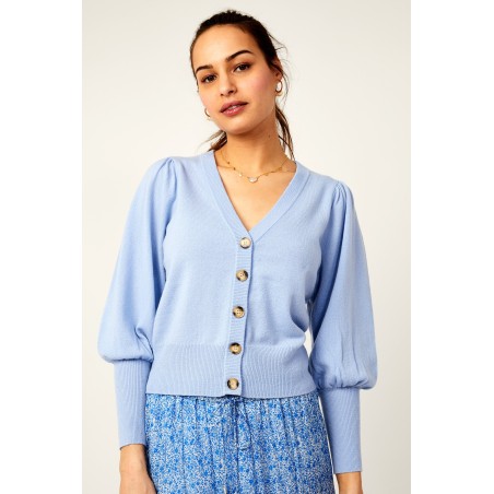 Limited Edition Merino Cashmere V Neck Puff Sleeve Cardigan | Cornflower Blue