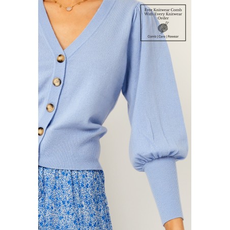 Limited Edition Merino Cashmere V Neck Puff Sleeve Cardigan | Cornflower Blue