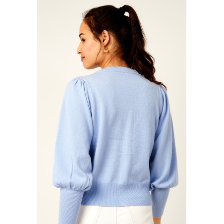 Limited Edition Merino Cashmere V Neck Puff Sleeve Cardigan | Cornflower Blue