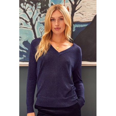 Limited Edition Metallic Knit V-Neck Jumper | Navy/Blue On Hand Now