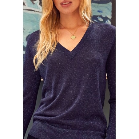 Limited Edition Metallic Knit V-Neck Jumper | Navy/Blue On Hand Now