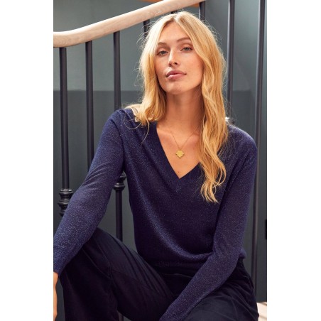 Limited Edition Metallic Knit V-Neck Jumper | Navy/Blue On Hand Now