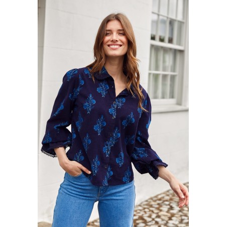 Limited Edition Amaya Corduroy Blouse | Flower Print Navy Immediate Availability