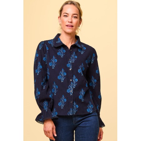 Limited Edition Amaya Corduroy Blouse | Flower Print Navy Immediate Availability