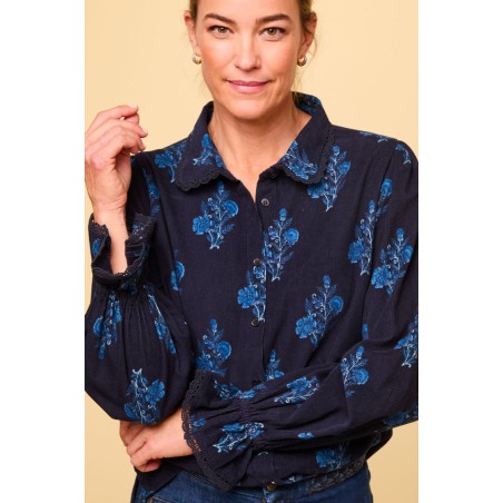 Limited Edition Amaya Corduroy Blouse | Flower Print Navy Immediate Availability