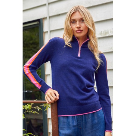 Limited Edition Merino Wool Overarm Stripe Quarter Zip Jumper | Navy/Pink/Orange New Collection