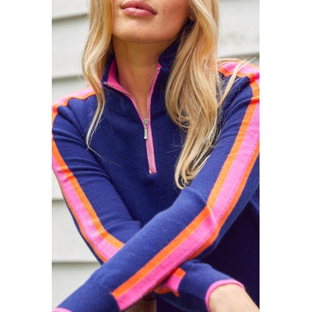 Limited Edition Merino Wool Overarm Stripe Quarter Zip Jumper | Navy/Pink/Orange New Collection