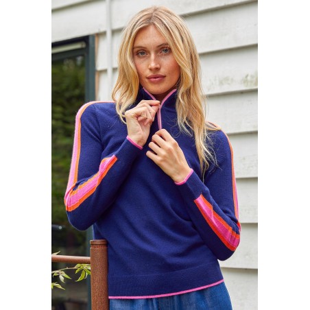 Limited Edition Merino Wool Overarm Stripe Quarter Zip Jumper | Navy/Pink/Orange New Collection