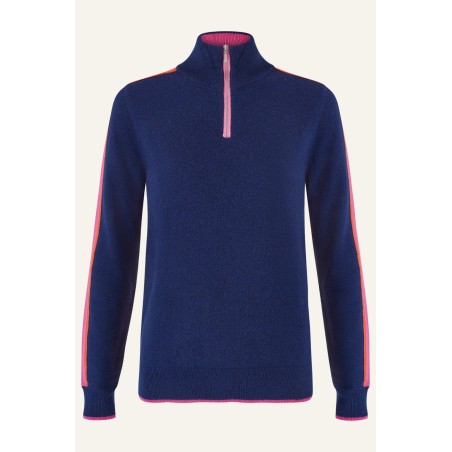 Limited Edition Merino Wool Overarm Stripe Quarter Zip Jumper | Navy/Pink/Orange New Collection