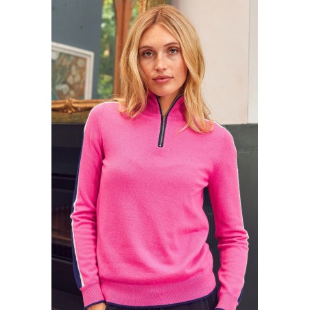 Limited Edition Merino Wool Overarm Stripe Quarter Zip Jumper | Pink/Navy/Cream New Stock