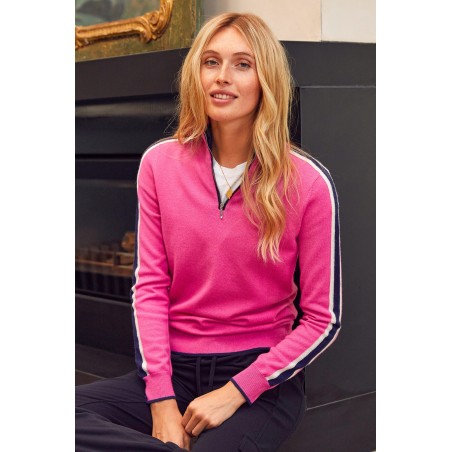 Limited Edition Merino Wool Overarm Stripe Quarter Zip Jumper | Pink/Navy/Cream New Stock