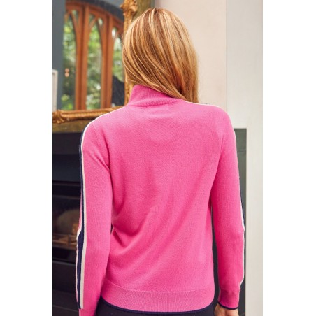 Limited Edition Merino Wool Overarm Stripe Quarter Zip Jumper | Pink/Navy/Cream New Stock