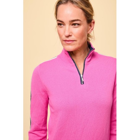 Limited Edition Merino Wool Overarm Stripe Quarter Zip Jumper | Pink/Navy/Cream New Stock