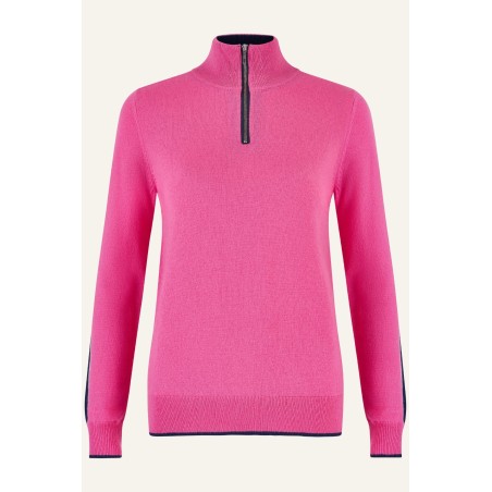 Limited Edition Merino Wool Overarm Stripe Quarter Zip Jumper | Pink/Navy/Cream New Stock