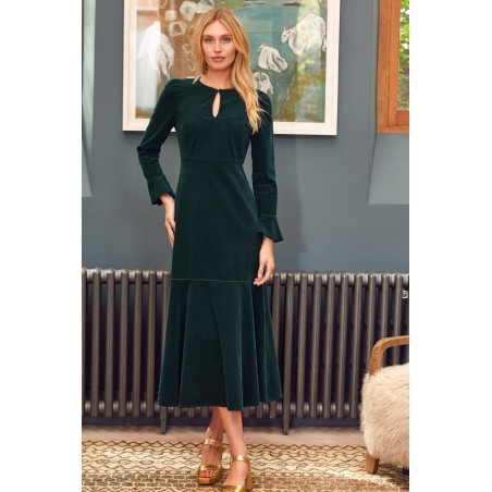 Limited Edition Paloma Round Neck Long Sleeve Stretch Corduroy Dress | Bottle Green Available for Immediate Shipping