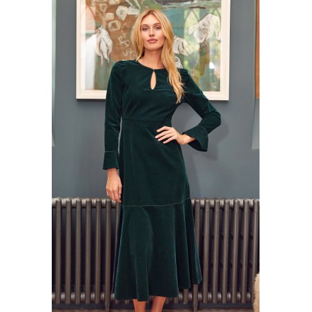 Limited Edition Paloma Round Neck Long Sleeve Stretch Corduroy Dress | Bottle Green Available for Immediate Shipping