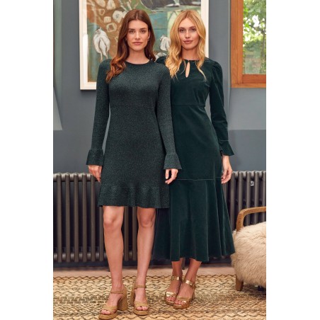 Limited Edition Paloma Round Neck Long Sleeve Stretch Corduroy Dress | Bottle Green Available for Immediate Shipping