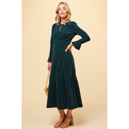 Limited Edition Paloma Round Neck Long Sleeve Stretch Corduroy Dress | Bottle Green Available for Immediate Shipping