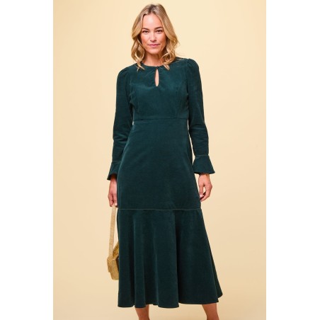 Limited Edition Paloma Round Neck Long Sleeve Stretch Corduroy Dress | Bottle Green Available for Immediate Shipping