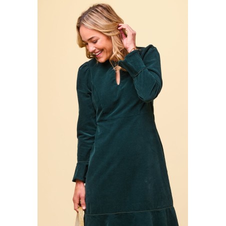 Limited Edition Paloma Round Neck Long Sleeve Stretch Corduroy Dress | Bottle Green Available for Immediate Shipping