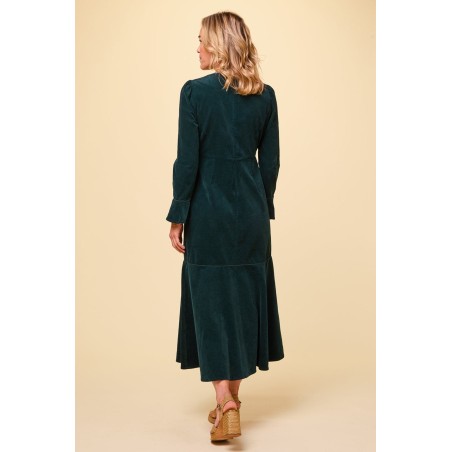 Limited Edition Paloma Round Neck Long Sleeve Stretch Corduroy Dress | Bottle Green Available for Immediate Shipping