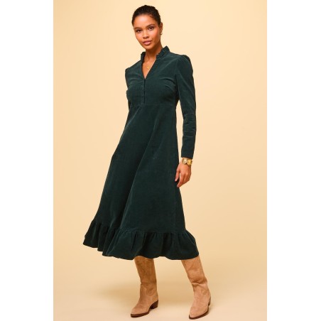 Limited Edition Percy Midi Stretch Corduroy Dress | Bottle Green Available for Immediate Shipping