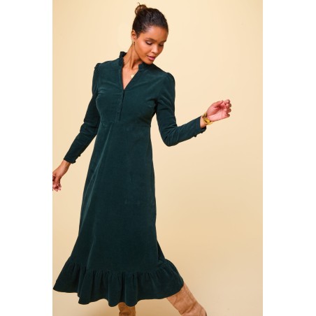 Limited Edition Percy Midi Stretch Corduroy Dress | Bottle Green Available for Immediate Shipping