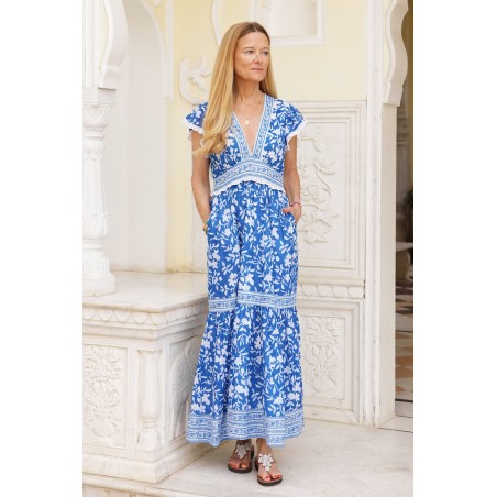 Limited Edition Pippa Block Print Dress | Japanese Flower Cobalt New Collection