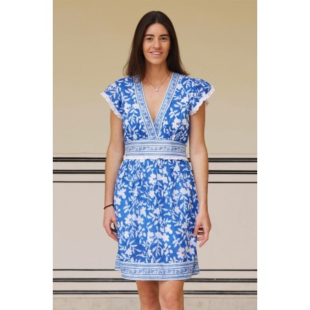 Limited Edition Pippa Block Print Mini Dress | Japanese Flower Cobalt Just In