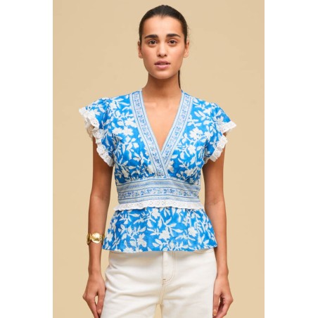 Limited Edition Pippa Block Print Top | Japanese Flower Cobalt