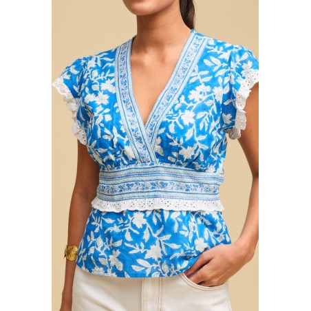 Limited Edition Pippa Block Print Top | Japanese Flower Cobalt