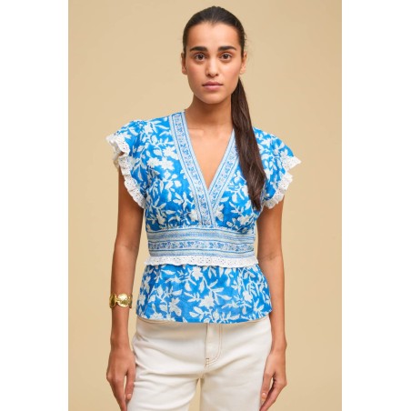 Limited Edition Pippa Block Print Top | Japanese Flower Cobalt