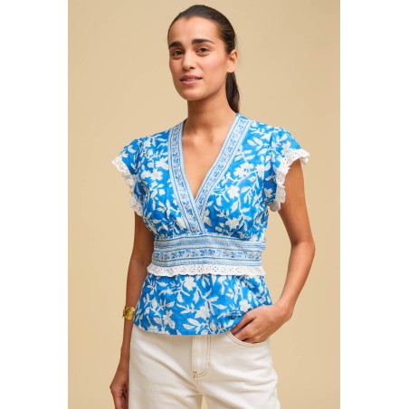 Limited Edition Pippa Block Print Top | Japanese Flower Cobalt