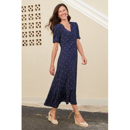 Limited Edition Poppy Embroidered Cotton Dress | Navy New Release