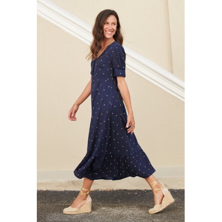 Limited Edition Poppy Embroidered Cotton Dress | Navy New Release