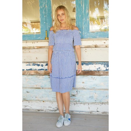 Limited Edition Raela Bardot Dress | White/Blue Just Launched