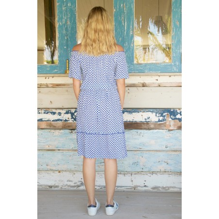 Limited Edition Raela Bardot Dress | White/Blue Just Launched