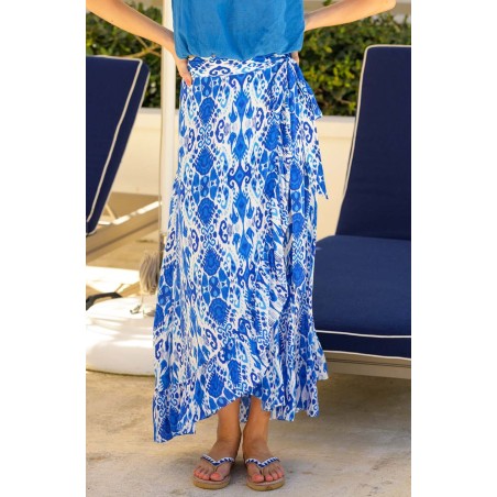 Limited Edition April EcoVero™ Wrap Skirt | Ikat Blue/White Latest Edition