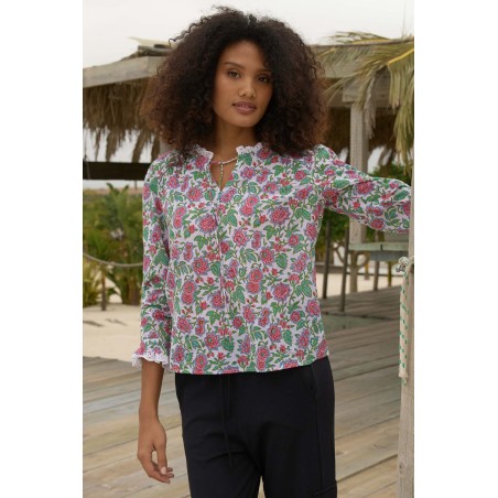 Limited Edition Rosie Block Print Blouse | Pink/Green Available for Immediate Shipping