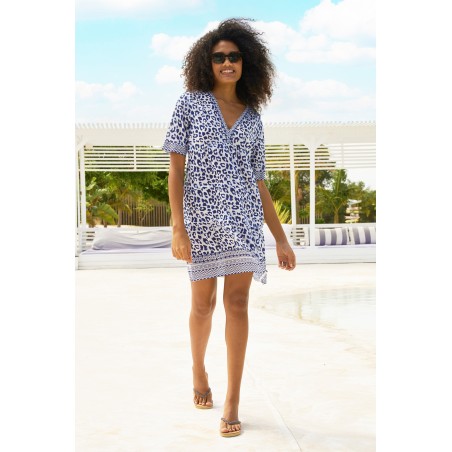 Limited Edition Santorini Kaftan | Soft Cheetah White/Navy Immediate Availability