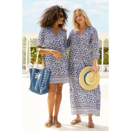 Limited Edition Santorini Kaftan | Soft Cheetah White/Navy Immediate Availability