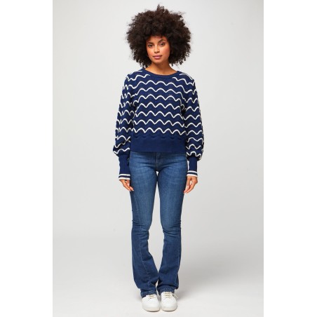 Limited Edition Merino Wool Scallop Crew Neck Jumper | Navy/Cream Immediate Availability